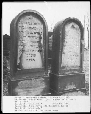 Grabstein von David Mayer (gestorben 1893.09.24) und Mina Mayer (gestorben 1902.03.09)