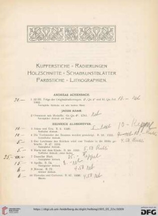Kupferstiche – Radierungen – Holzschnitte – Schabkunstblätter – Farbstiche – Lithographien (Nr. 1-1718)