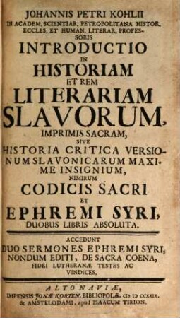 Introductio in historiam et rem litterariam Slavorum imprimis Sacram