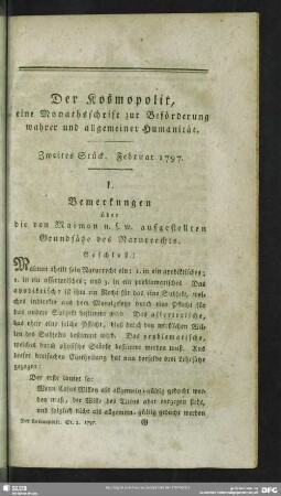 1.1797,2: Der Kosmopolit : eine Monathsschrift zur Beförderung wahrer u. allgemeiner Humanität