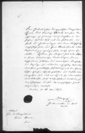 Attest für den Obergärtner Herrn Bouché von Gustav Meyer, Gartendirektor der Stadt Berlin; Berlin, den 31. Mai 1872 : Attest für den Obergärtner Herrn Bouché von Gustav Meyer, Gartendirektor der Stadt Berlin; Berlin, den 31. Mai 1872. Autograqph; 344 x 428 mm. Dresden: Privatbesitz
