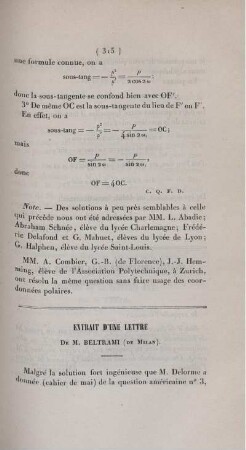 Extrait d'une lettre de M. Beltrami (de Milan).