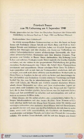Neue Folge 1940: Friedrich Panzer zum 70. Geburtstag am 4. September 1940 : Wort, gesprochen bei der Feier des Deutschen Seminars der Universität Heidelberg im Grimm-Saal am 7. Sept. 1940