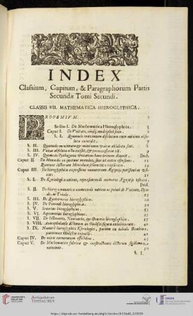 Index Classium, Capitum, & Paragraphorum Partis Secundæ Tomi Secundi