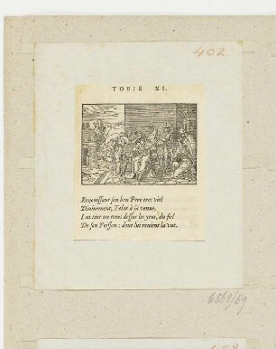 Tobias heilt Tobits Blindheit, aus: Claude Paradin, "Quadrins historiques de la Bible", Lyon 1558