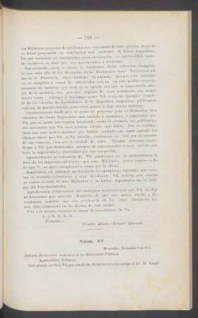 Núm. 47 : [Carta a los Señores Directores interinos de la Biblioteca Pública. Montevideo, Noviembre 6 de 1877.]