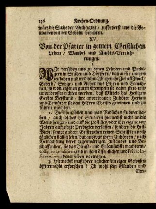 XV. Von der Pfarrer in gemein Christlichen Leben/ Wandel und Ambts-Verrichtungen.
