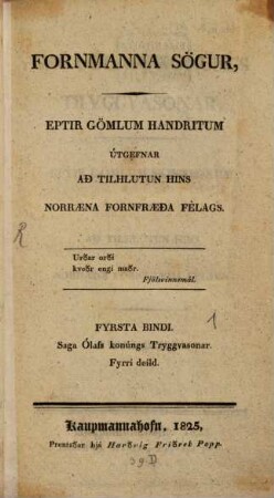 Fornmanna soegur : eptir goemlum handritum, 1. 1825