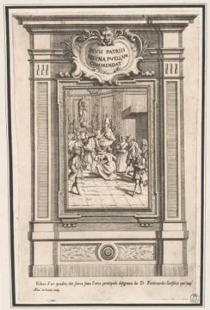 Ansicht eines Gemäldes (Darbringung des Kindes vor einem Altar mit der Büste des heiligen Januarius) am Haupteingang der Festarchitektur vor dem Palazzo Reale in Neapel anlässlich der Geburt der Prinzessin Maria Isabel (1740–1742)
