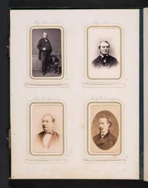 Albumseite 17 mit vier Cartes-de-visite (Porträts von Landtagsabgeordneten) unter Passepartout : Dem fünf und zwanzig Jahre hindurch treu bewährten und wohlverdienten Landtags-Abgeordneten Herrn Christian Gottlieb Riedel : gewidmet von seinen Collegen. Samteinband mit Metallbeschlägen und Metallschließe sowie Goldschnitt; 31 x 24,5 x 4 cm (1873). Dresden: SLUB/DF 2017.D.85