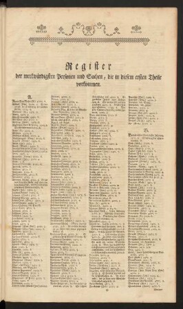 Register der merkwürdigsten Personen und Sachen, die in diesem ersten Theile vorkommen