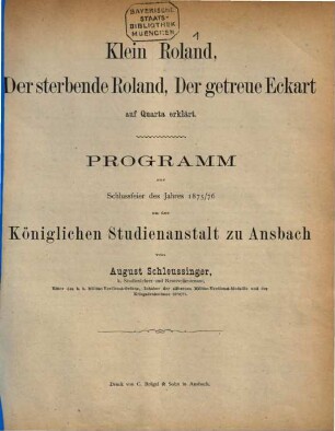 Jahres-Bericht ueber die Königliche Studienanstalt zu Ansbach : für das Schuljahr .... 1875/76
