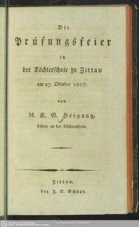 Die Prüfungsfeier in der Töchterschule zu Zittau am 27. Oktober 1807
