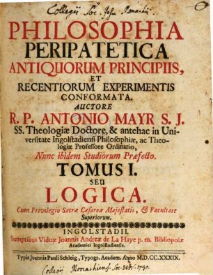 Philosophia Peripatetica : Antiquorum Principiis, Et Recentiorum Experimentis Conformata. 1, Logica