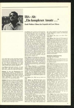 IBA-Alt: "Ein komplexer Ansatz ..." Hardt-Waltherr Hämer im Gespräch mit Lore Ditzen
