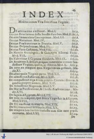 Index Meditationum Vitae Beatissimae Virginis.
