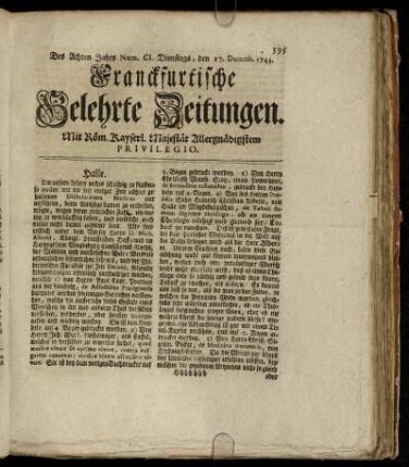 Num. CI. Dienstags, den 17. Decemb. 1743 - Num. CV. Diensttags, den 31. Decemb. 1743