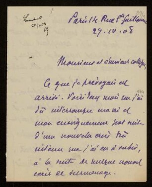 89: Brief von Raymond Saleilles an Otto von Gierke, Paris, 29.4.1908