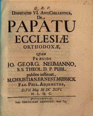 Disp. theol. de papatu ecclesiae orthodoxae