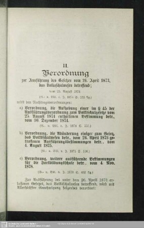 II. Verordnung zur Ausführung des Gesetzes vom 26. April 1873, das Volksschulwesen betreffend