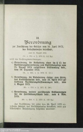 II. Verordnung zur Ausführung des Gesetzes vom 26. April 1873, das Volksschulwesen betreffend