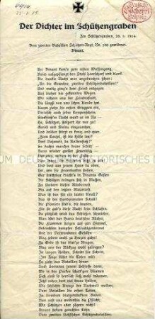 Flugblatt mit einem patriotischen Gedicht auf einen Dichter im Schützengraben