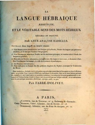 La Langue Hébraique restituée et le veritable sens des mots Hebreux, 2