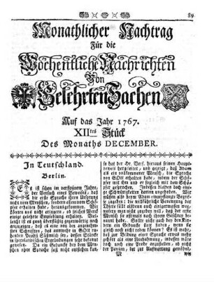 Monathlicher Nachtrag [...] Auf das Jahr 1767. XIItes Stück Des Monaths December