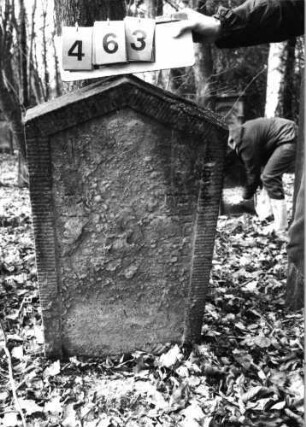 Grabstein 463 (Index: 99752846) Material: Sandstein Zustand: abgeblätt/verwitt. mit fast völl. Textverl Maße HxBxT: 107x55x10 cm Beschreibung: Stele, giebelart. Abschluß, Schriftfeld eingetieft: Grabstein 463