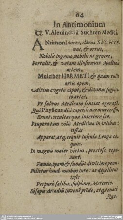 In Antimonium Cl. V. Alexandri à Suchten Medici.