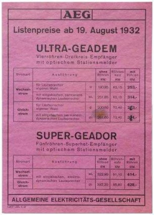 Listenpreise ab 19. August 1932. Ultra-Geadem, Super-Geador (Preisliste)