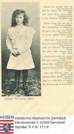 Elisabeth Prinzessin v. Hessen und bei Rhein (1895-1903) / Porträt, stehend, Ganzfigur, daneben Gedichttext zum einjährigen Todestag
