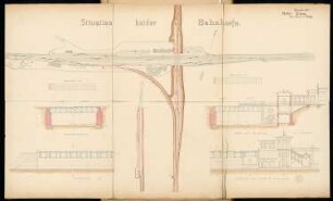 Kreuzungsbahnhof Monatskonkurrenz November 1875: Lageplan 1:1000, Aufriss, 2 Längsschnitte, Querschnitt 1:100; 2 Maßstabsleisten