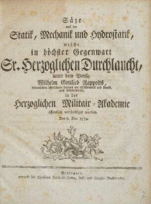 Säze aus der Statik, Mechanik und Hydrostatik