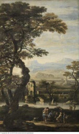 Weite Flusslandschaft mit Ruinen und Bettlern