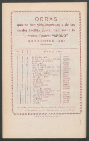 Obras que no han sido impresas y de las cuales facilita copia manuscrita la Librería Teatral "Apolo"