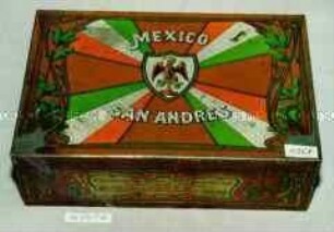 Blechdose für Zigarren? "MEXICO SAN ANDRES" (Abbildung eines Wappens mit Adler, zu den Rändern hin Strahlen)