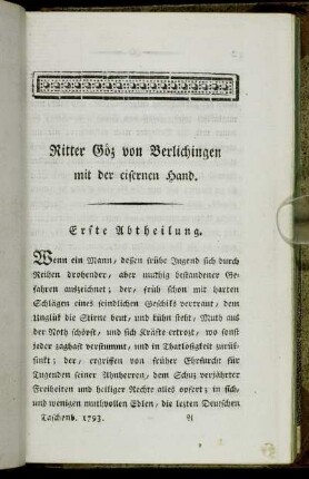 Ritter Göz von Berlichingen mit der eisernen Hand. Erste Abtheilung.