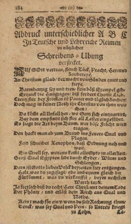 Abdruck unterschiedlicher A B C In Teutsche und Lehrreiche Reimen zu nützlicher Schreibens-Ubung verstecket