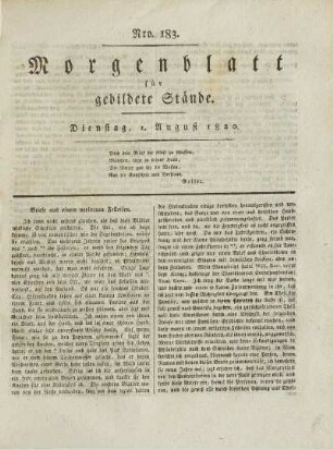 Nro. 183. Dienstag, 1. August 1820. - Nro. 188. Montag, 7. August 1820.