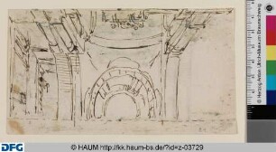 Entwurfsskizze zu einem rechteckigen Deckengemälde: Halbentwurf einer Scheinarchitektur mit Arkadenbögen und nach oben offener Kuppel