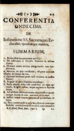 Conferentia Undecima. De Institutione SS. Sacramenti Eucharistiae, ejusdémique materia
