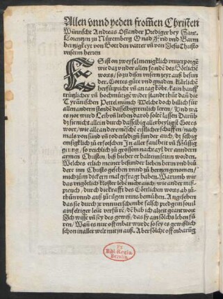 Allen unnd yeden frommen Christen Wünnscht Andreas Osiander ... Gnad Frid und Barmhertzigkeyt von Gott dem vatter und von Jesu Christo unserm herren