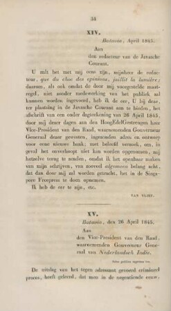 XIV. Batavia, April 1845. An den redacteur van de Javasche Courant.
