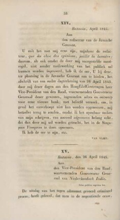 XIV. Batavia, April 1845. An den redacteur van de Javasche Courant.