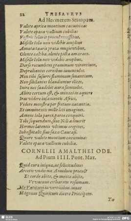 Cornelii Amalthei Ode. Ad Pium IIII. Pont. Max.