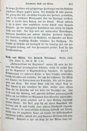 615-616 [Rezension] Driesmans, Heinrich, Rasse und Milieu