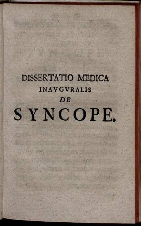 Dissertatio Medica Inauguralis De Syncope.