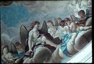 Engelgruppen auf Wolken in Erwartung des Heiligen Geistes