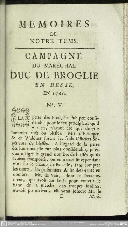 Campagne Du Marechal Duc De Broglie En Hesse. En 1760. No. V.